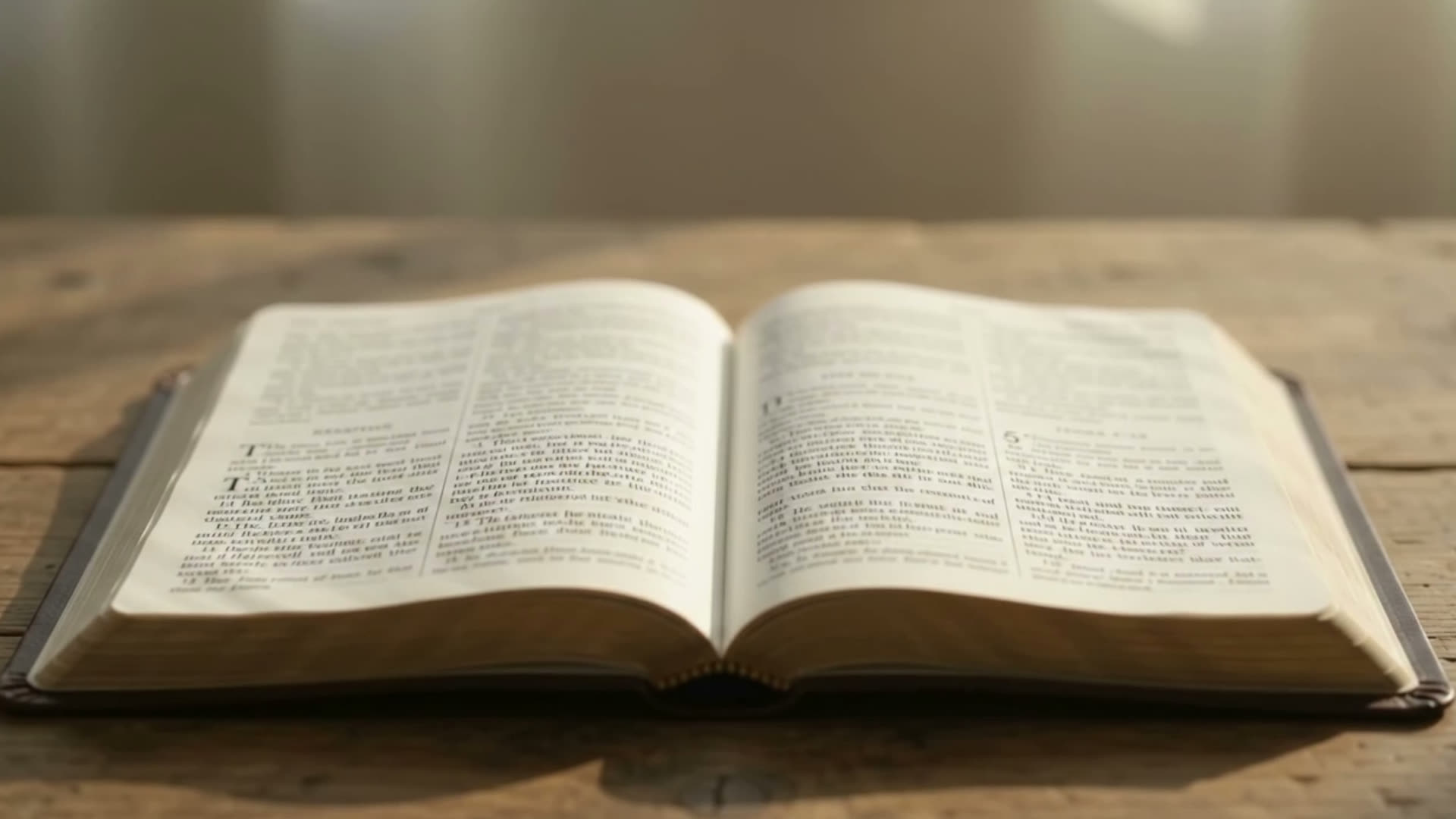 An open Bible on a wooden table in soft window light.